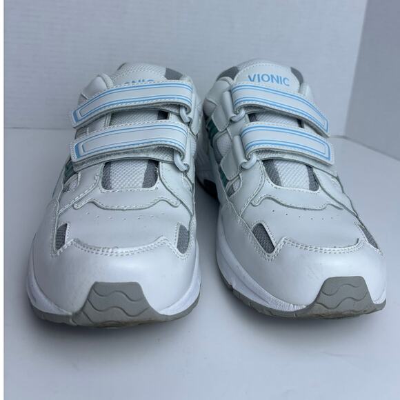 VIONIC TABI White Blue Stripes 11 Leather Orthaheel Hook and Loop Sneaker Shoes - Picture 2 of 8